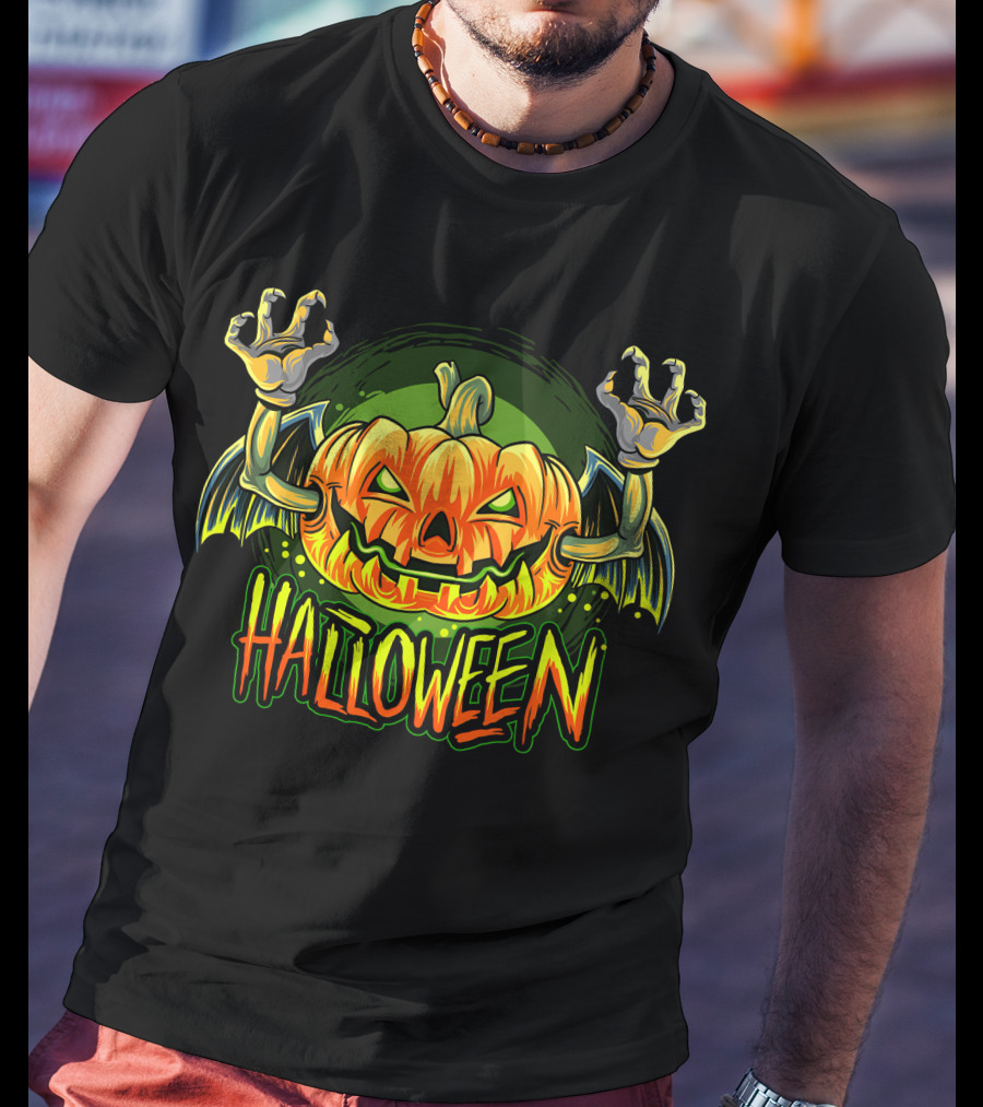 Halloween Pumpkin With Bat Wings And Zombie Hands T-Shirt