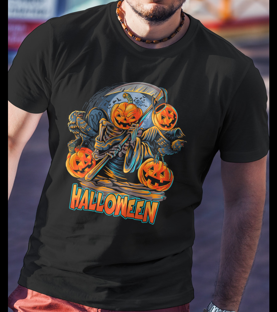 Grim Reaper Jack-O'-Lantern With Scythe And Ravens Halloween Scene T-Shirt