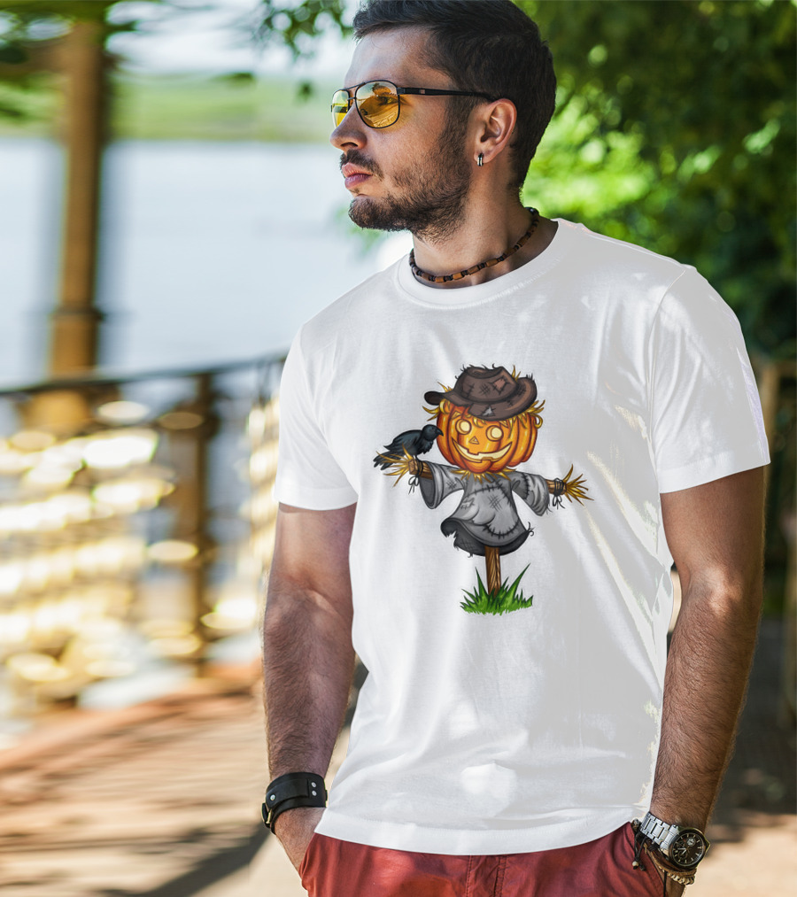 Scarecrow Halloween Pumpkin Head With Crow And Tattered Hat T-Shirt