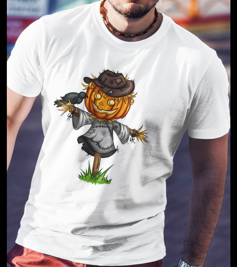 Scarecrow Halloween Pumpkin Head With Crow And Tattered Hat T-Shirt