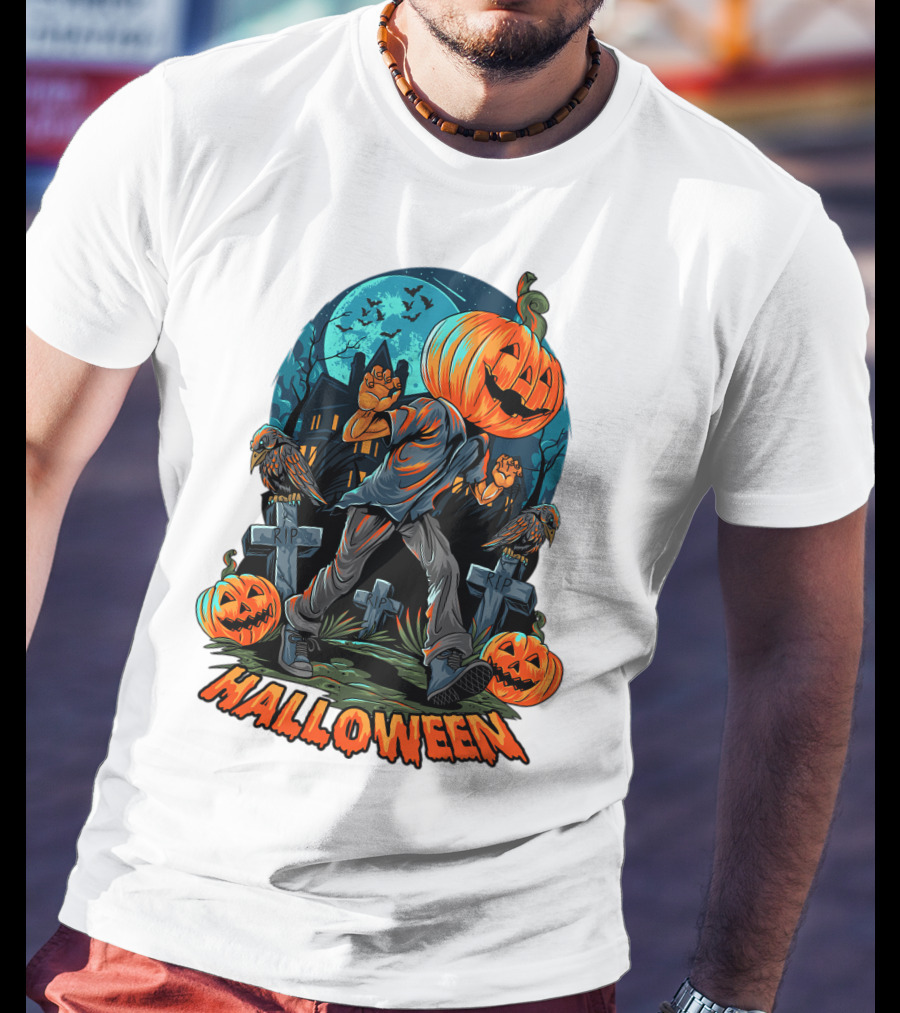 Spooky Halloween Pumpkin Head Costume With Haunted House And Bats T-Shirt