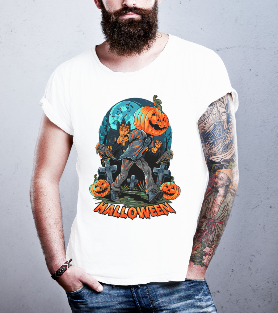 Spooky Halloween Pumpkin Head Costume With Haunted House And Bats T-Shirt