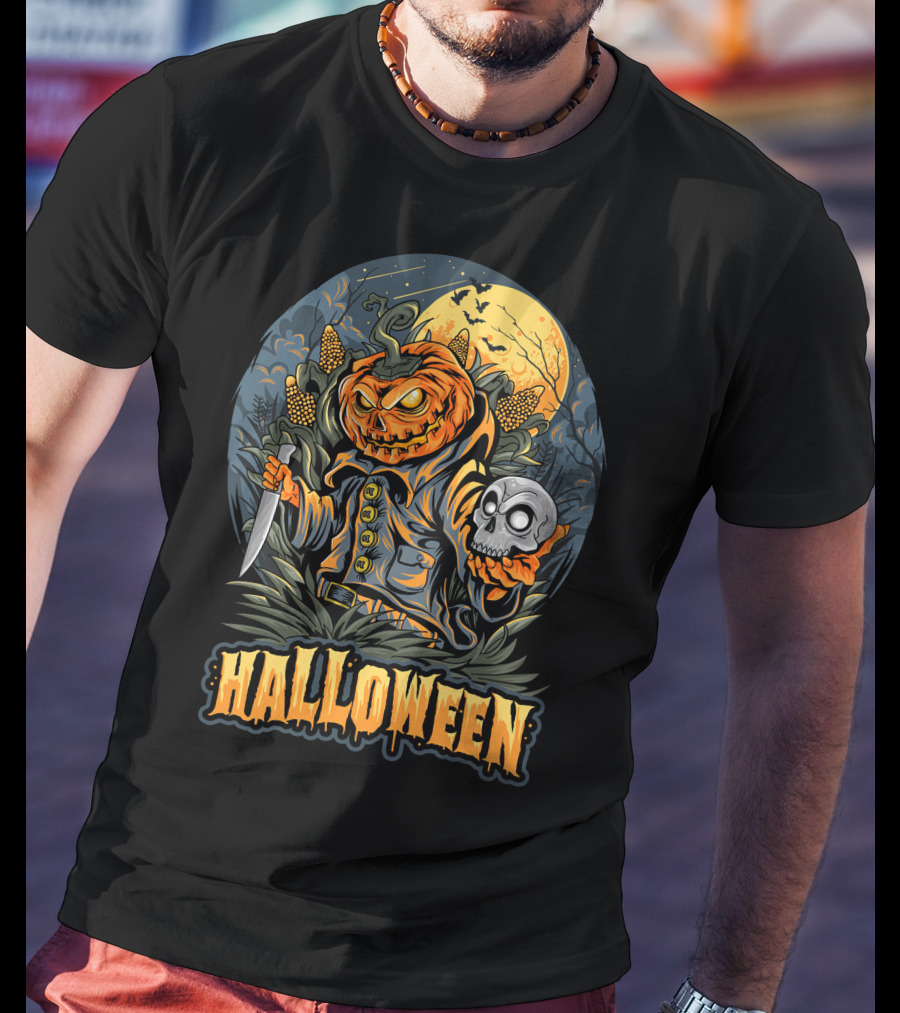 Halloween Pumpkin Head With Knife And Skull In Cornfield Scene T-Shirt