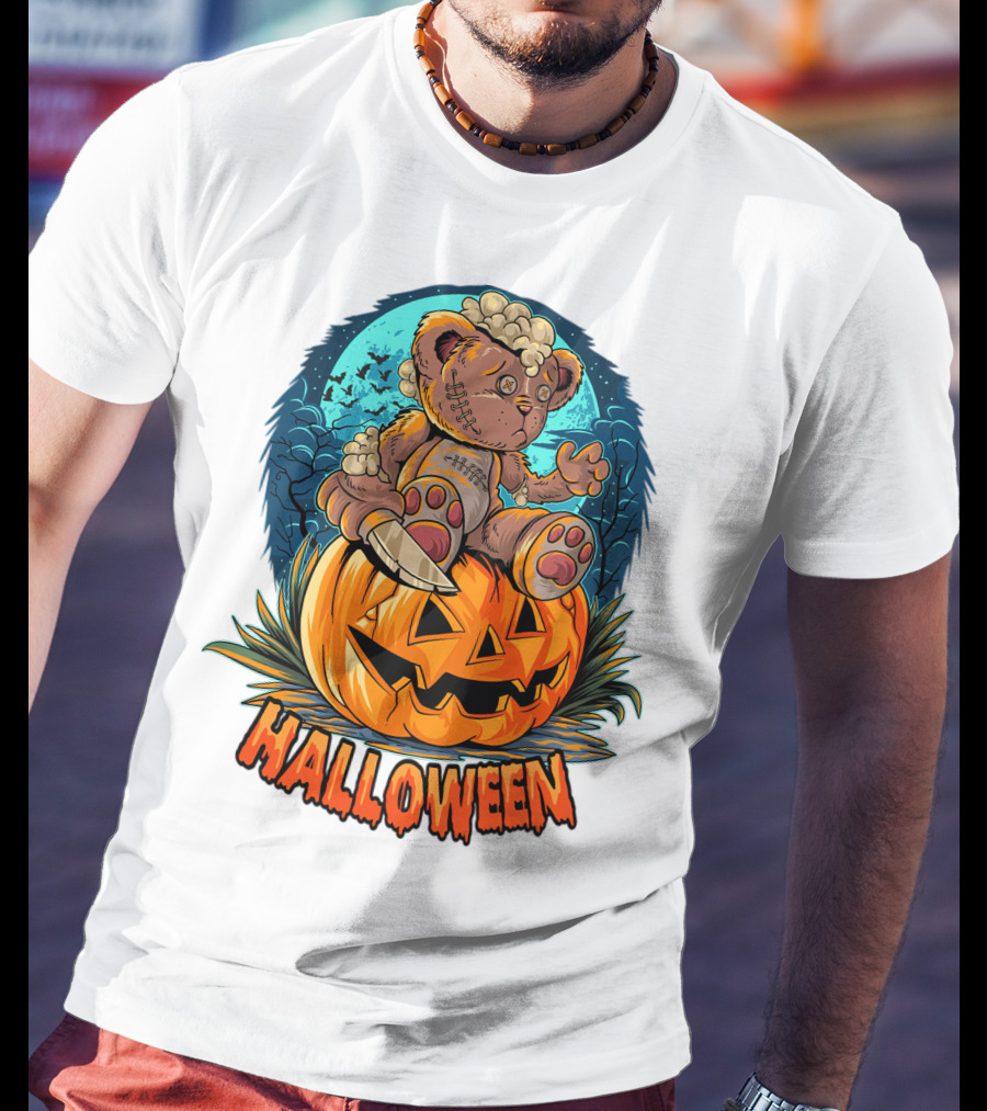 Halloween Teddy Bear On Pumpkin With Moon And Bats T-Shirt