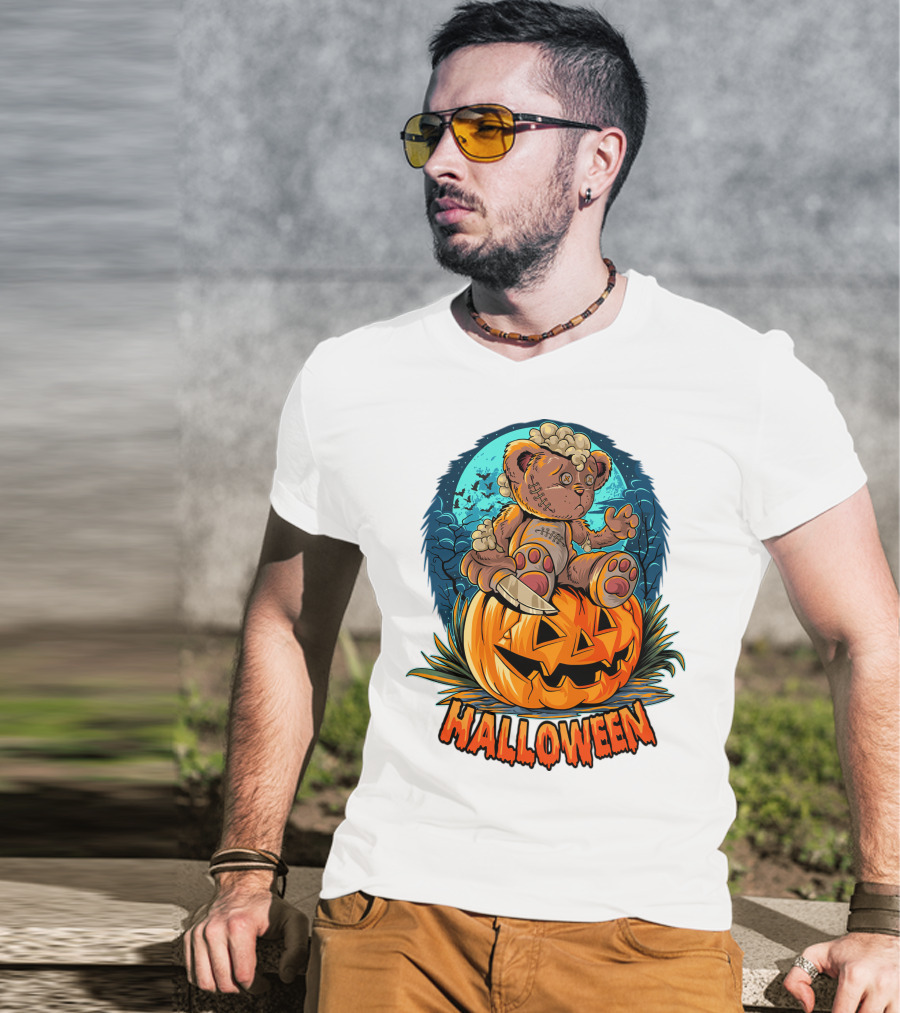 Halloween Teddy Bear On Pumpkin With Moon And Bats T-Shirt