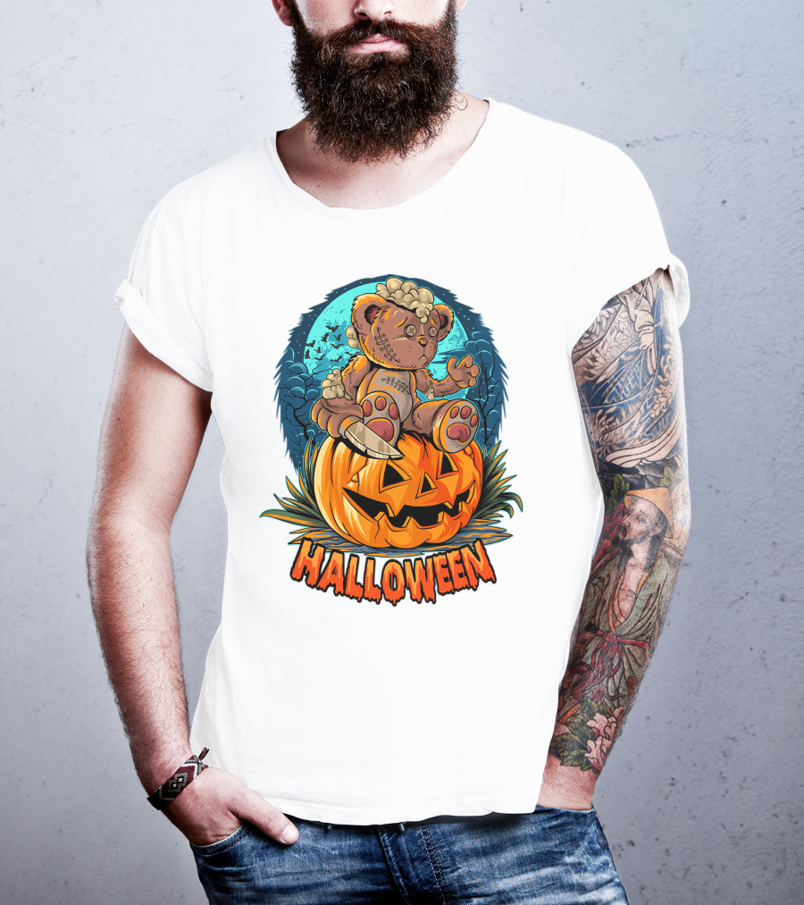 Halloween Teddy Bear On Pumpkin With Moon And Bats T-Shirt