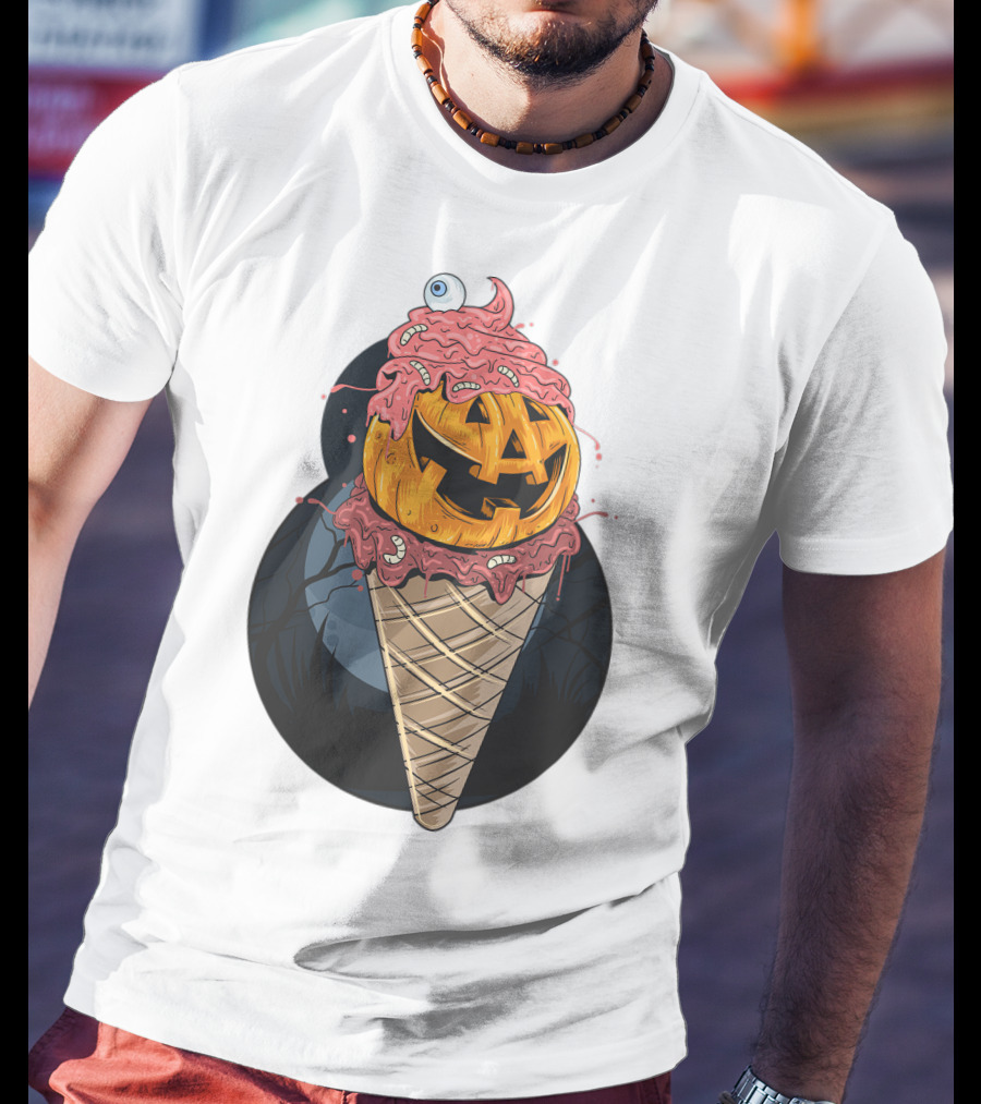 Ice Cream Pumpkin Creepy Cone Halloween Mashup T-Shirt