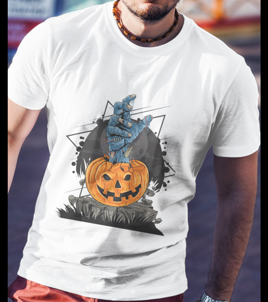 Zombie Hand Emerging From Pumpkin With Spooky Halloween Moon Background T-Shirt