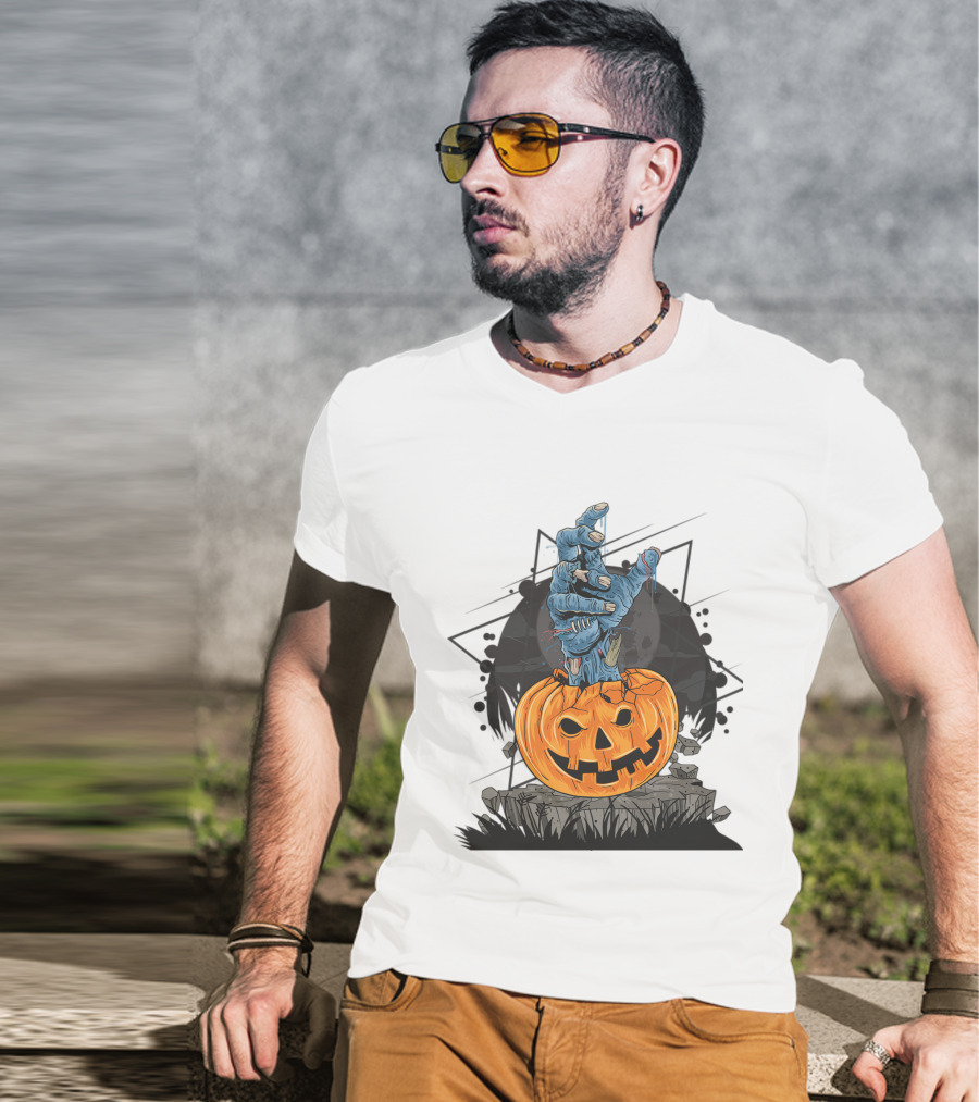Zombie Hand Emerging From Pumpkin With Spooky Halloween Moon Background T-Shirt