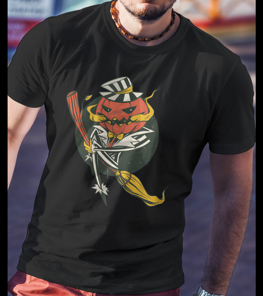 Halloween Pumpkin Skeleton With Striped Hat And Broomstick T-Shirt