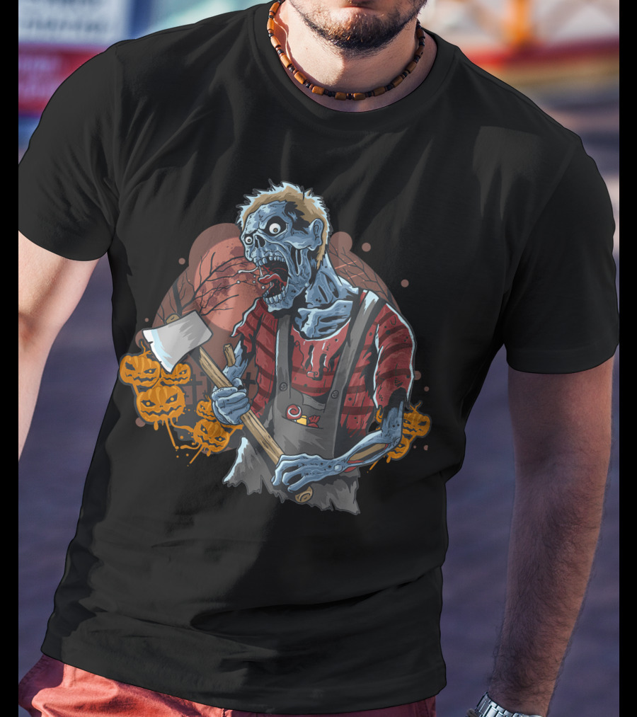 Zombie With Axe And Pumpkins In Spooky Forest T-Shirt