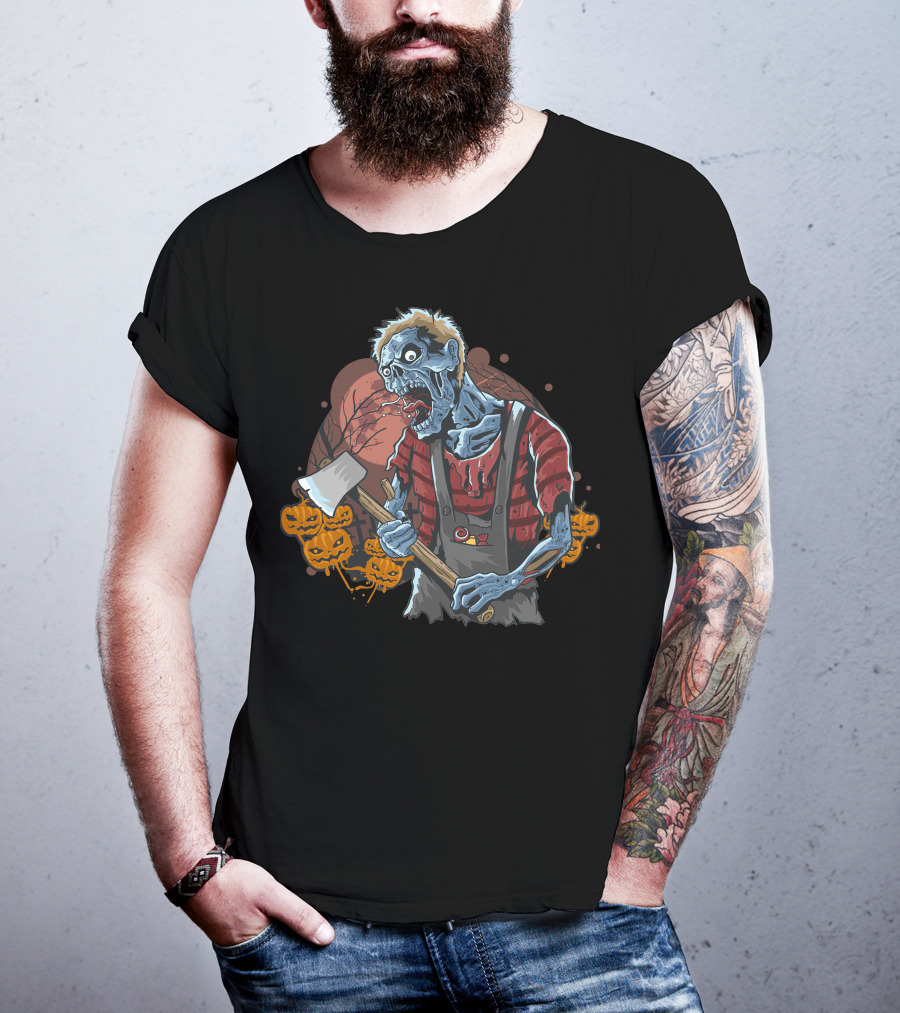 Zombie With Axe And Pumpkins In Spooky Forest T-Shirt