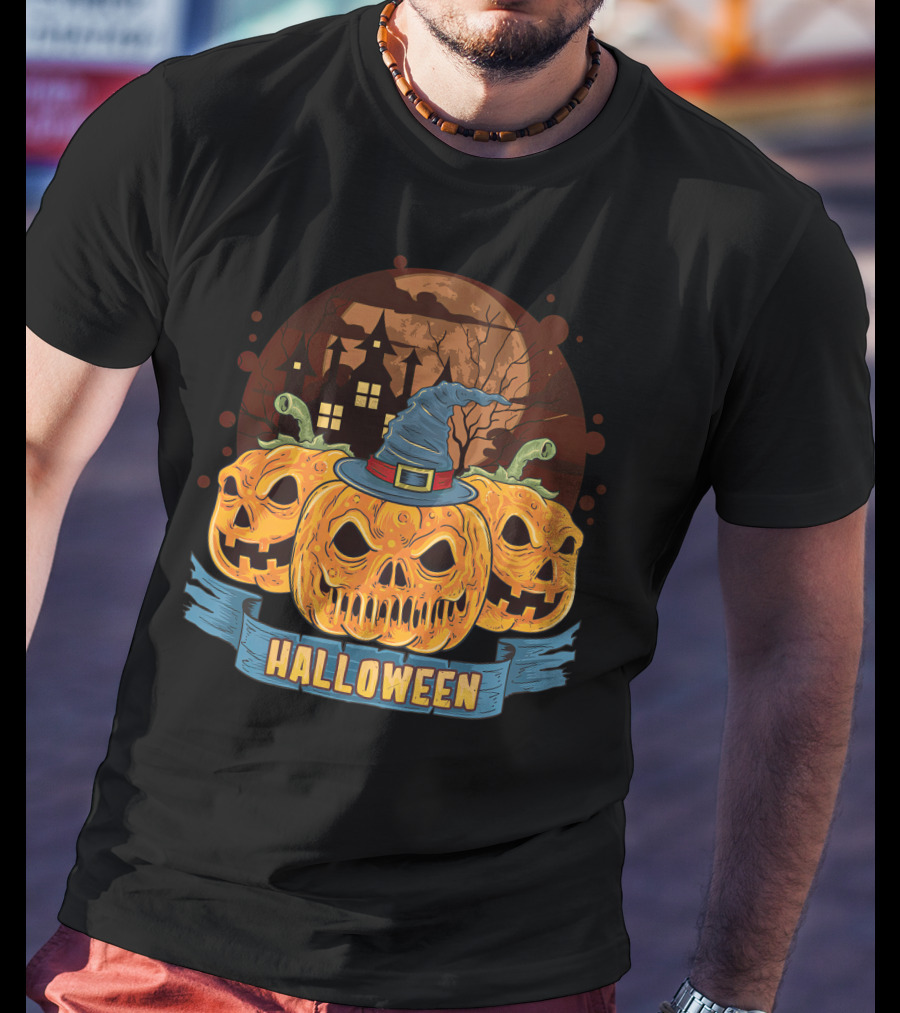 Halloween Spooky Pumpkins With Haunted House And Witch Hat T-Shirt