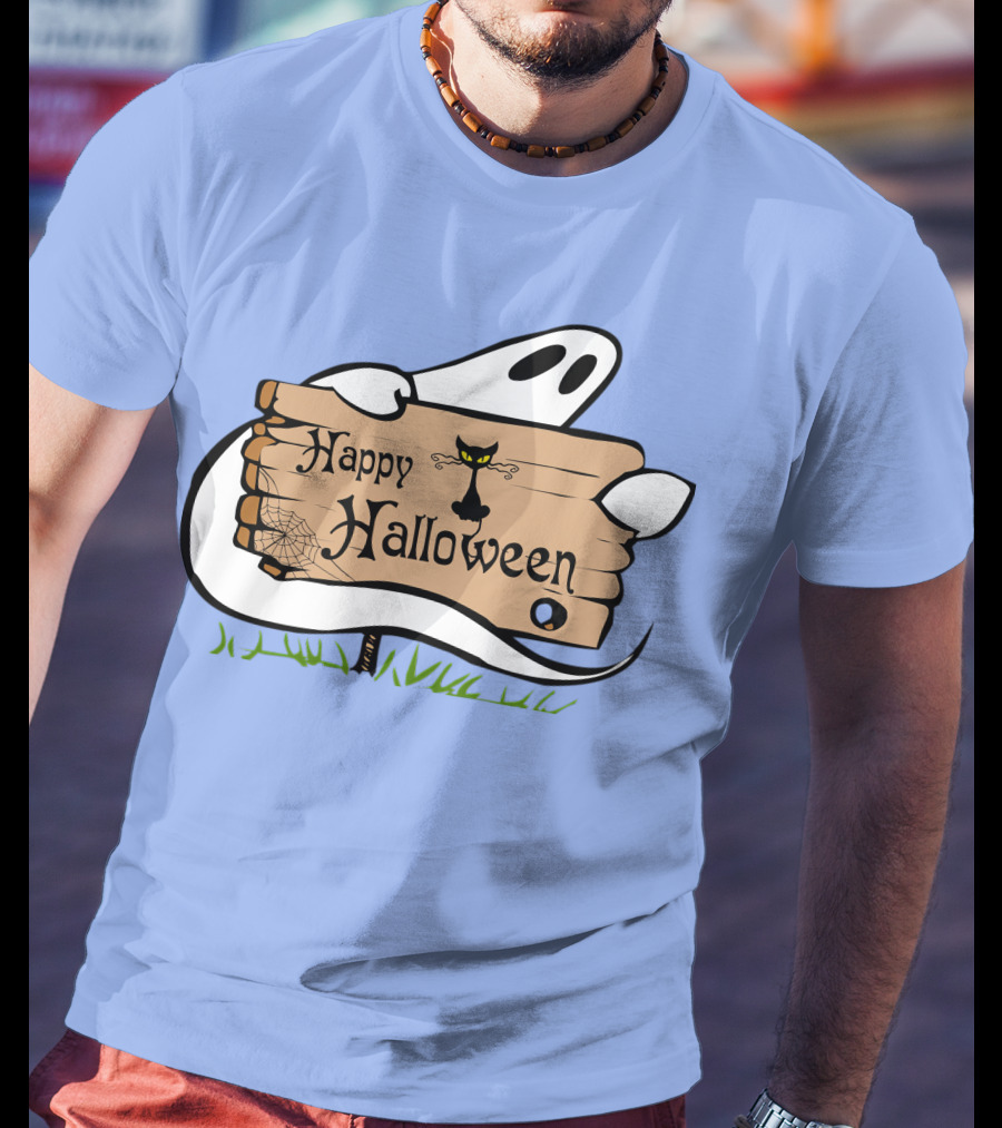 Happy Halloween Ghost With Black Cat And Spider Web T-Shirt