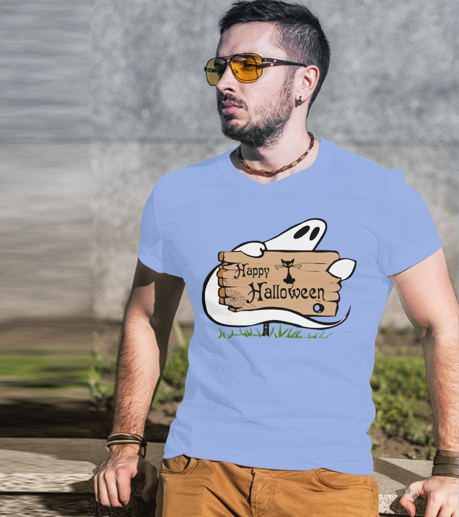 Happy Halloween Ghost With Black Cat And Spider Web T-Shirt