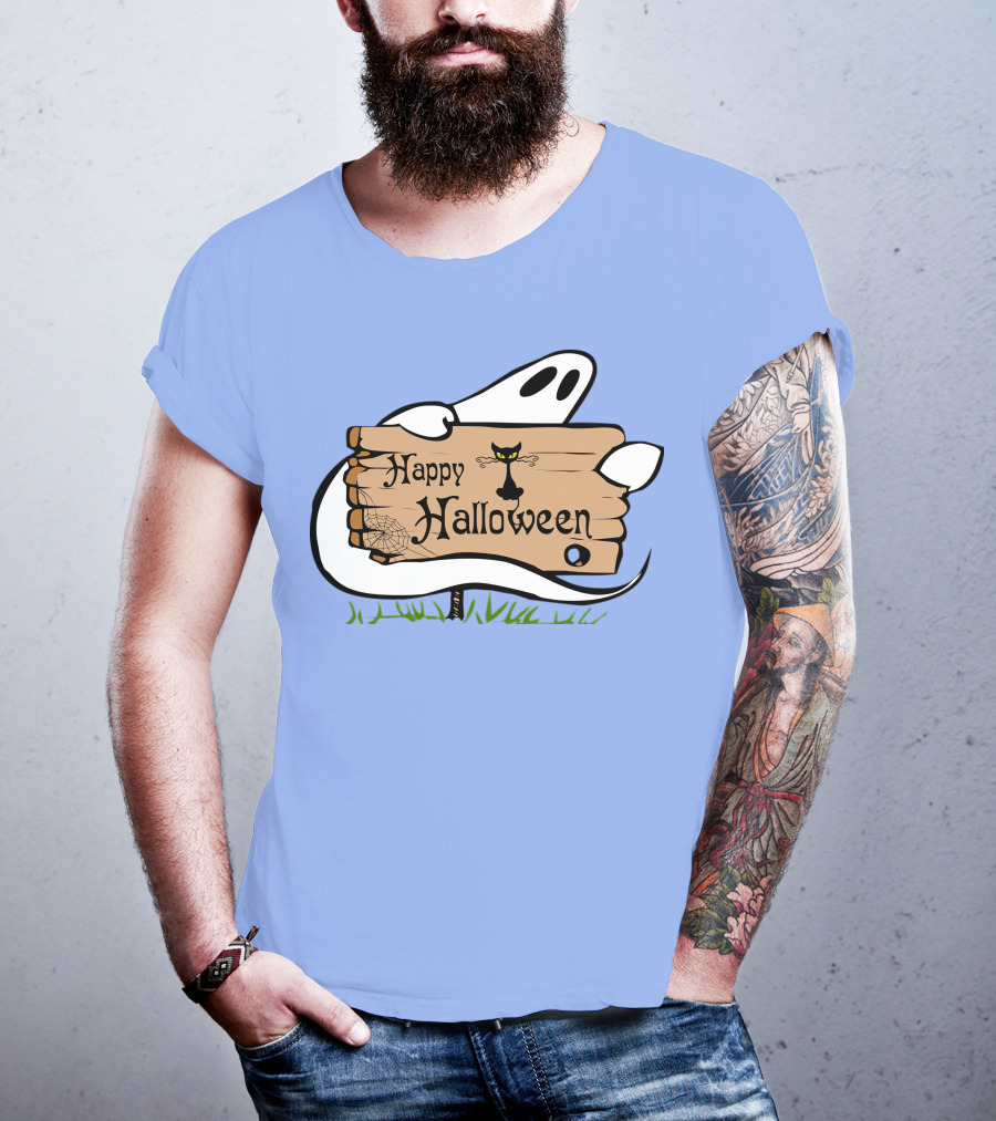 Happy Halloween Ghost With Black Cat And Spider Web T-Shirt