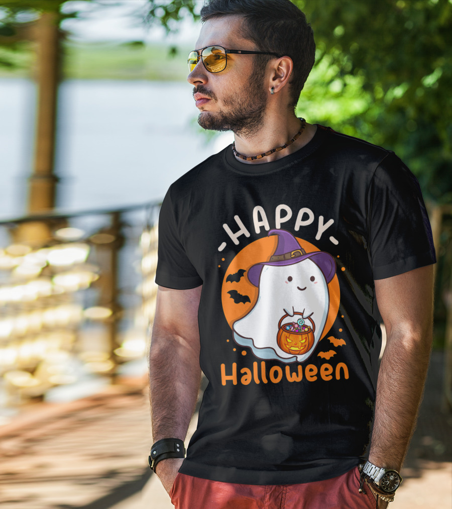 Happy Halloween Ghost With Pumpkin And Witch Hat T-Shirt