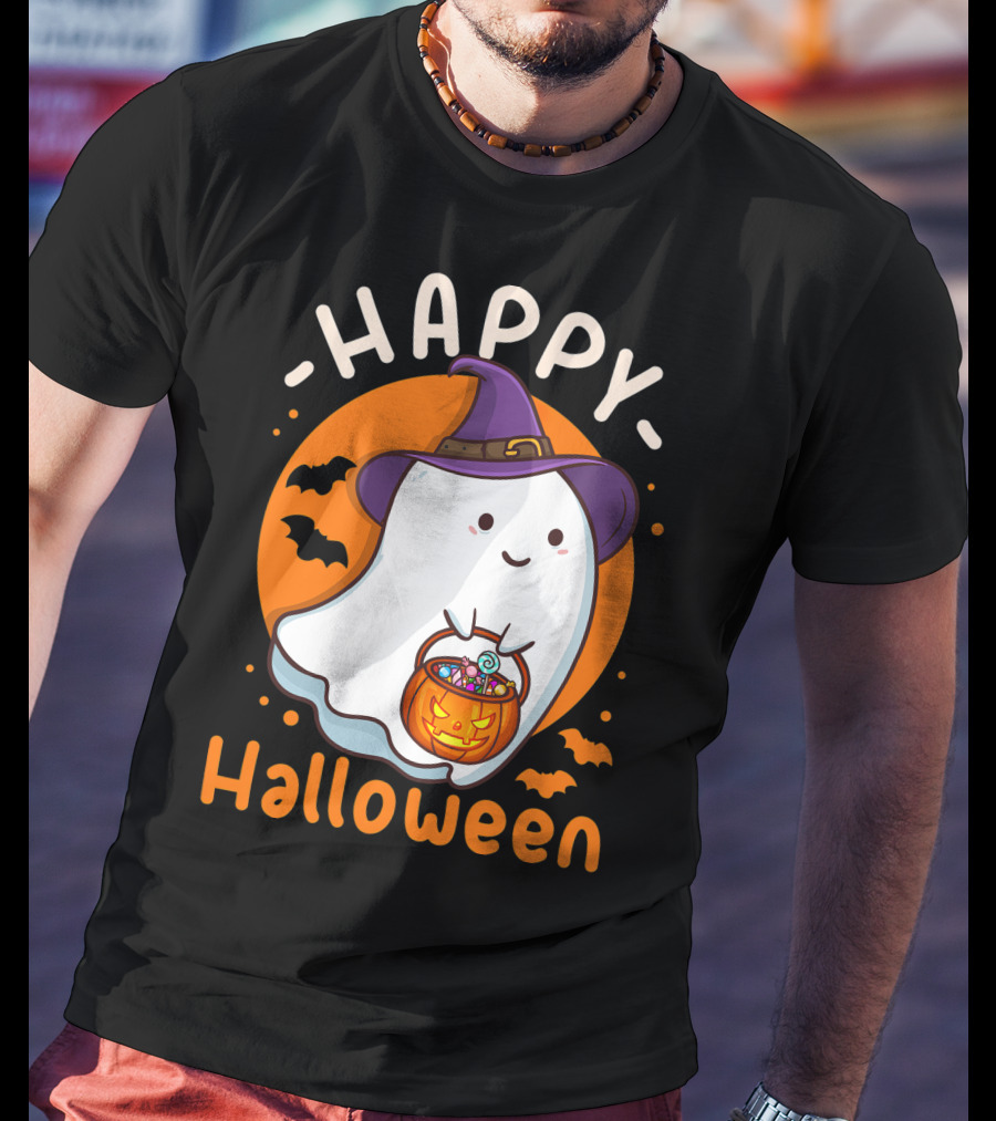 Happy Halloween Ghost With Pumpkin And Witch Hat T-Shirt