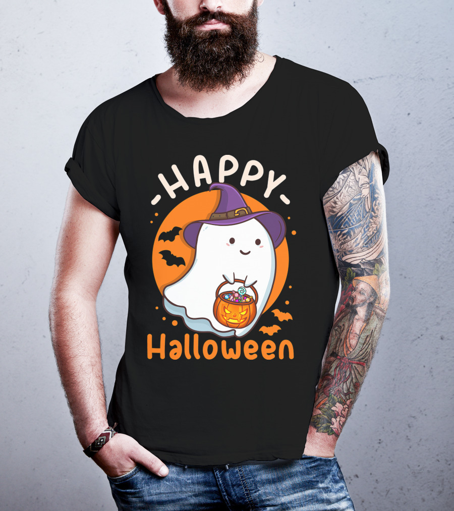 Happy Halloween Ghost With Pumpkin And Witch Hat T-Shirt