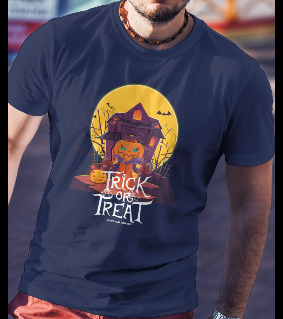 Halloween Trick Or Treat Happy Halloween Haunted House Pumpkin Bats T-Shirt