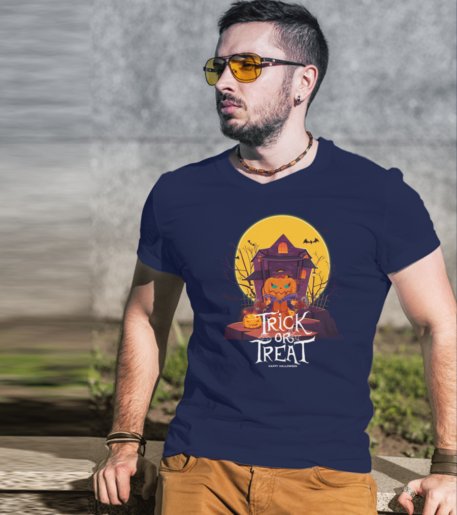 Halloween Trick Or Treat Happy Halloween Haunted House Pumpkin Bats T-Shirt