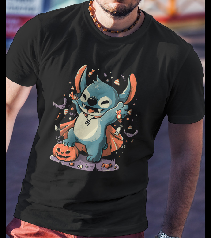 Halloween Cute Cartoon Stitch Vampire Candy Pumpkin T-Shirt