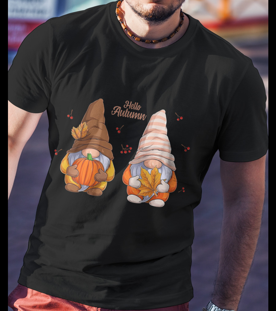 Hello Autumn Gnomes With Pumpkin And Leaf T-Shirt