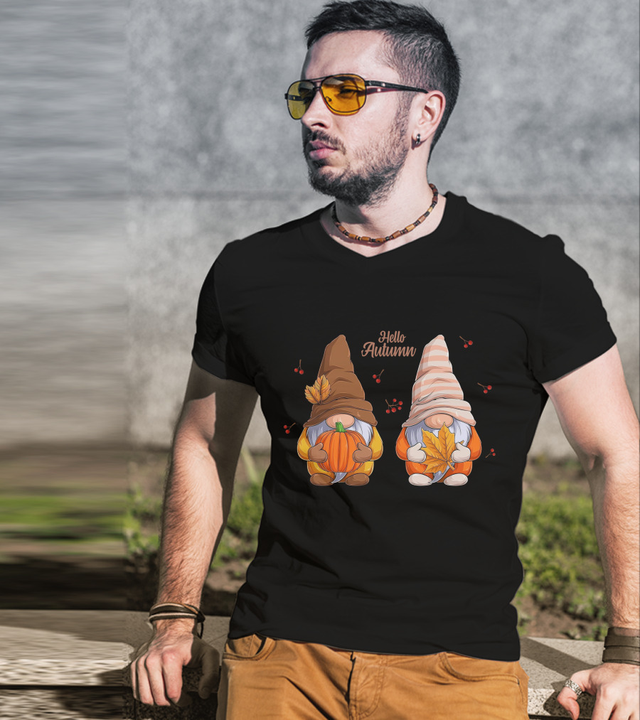 Hello Autumn Gnomes With Pumpkin And Leaf T-Shirt