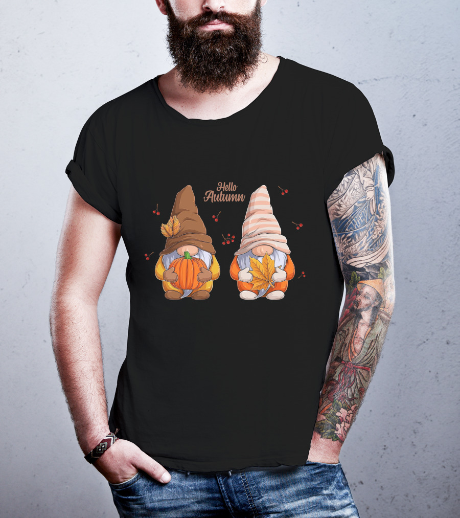 Hello Autumn Gnomes With Pumpkin And Leaf T-Shirt