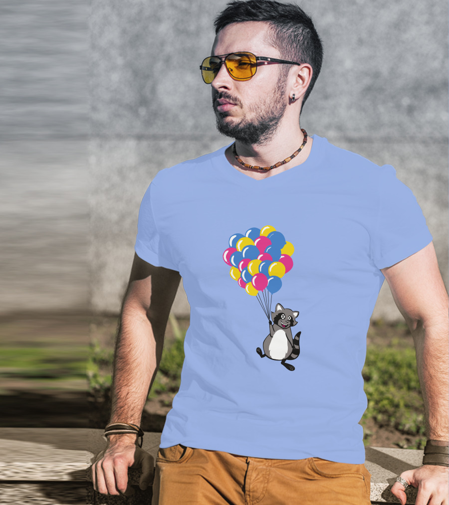 Raccoon Flying With Colorful Balloons T-Shirt