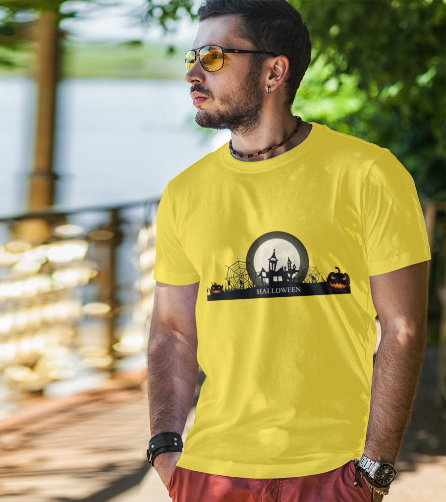 Haunted House And Jack-o'-Lantern Silhouette With Full Moon Halloween Scene T-Shirt