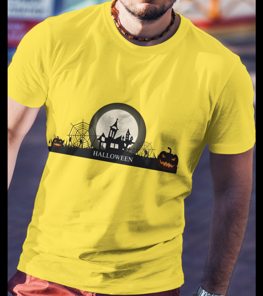 Haunted House And Jack-o'-Lantern Silhouette With Full Moon Halloween Scene T-Shirt