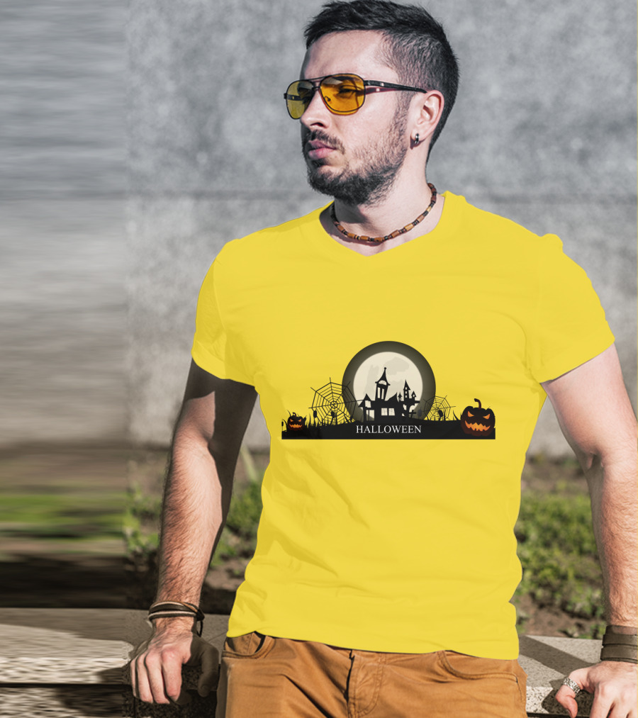 Haunted House And Jack-o'-Lantern Silhouette With Full Moon Halloween Scene T-Shirt