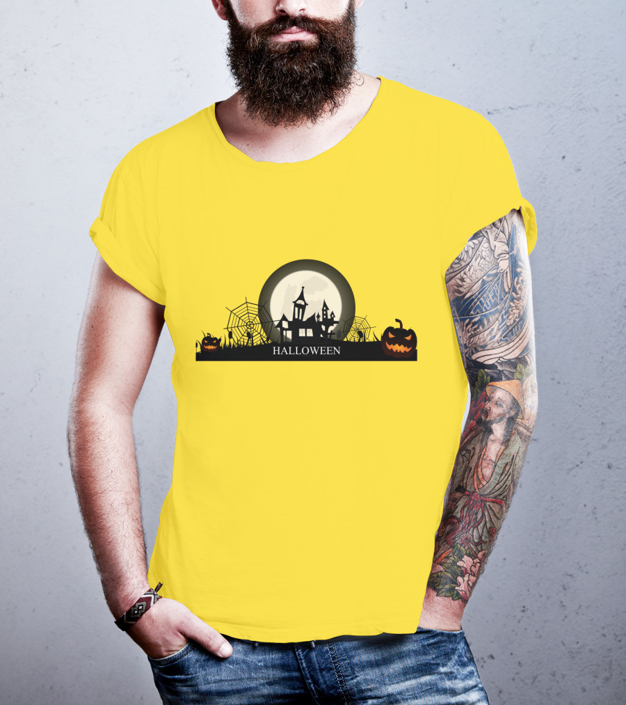 Haunted House And Jack-o'-Lantern Silhouette With Full Moon Halloween Scene T-Shirt