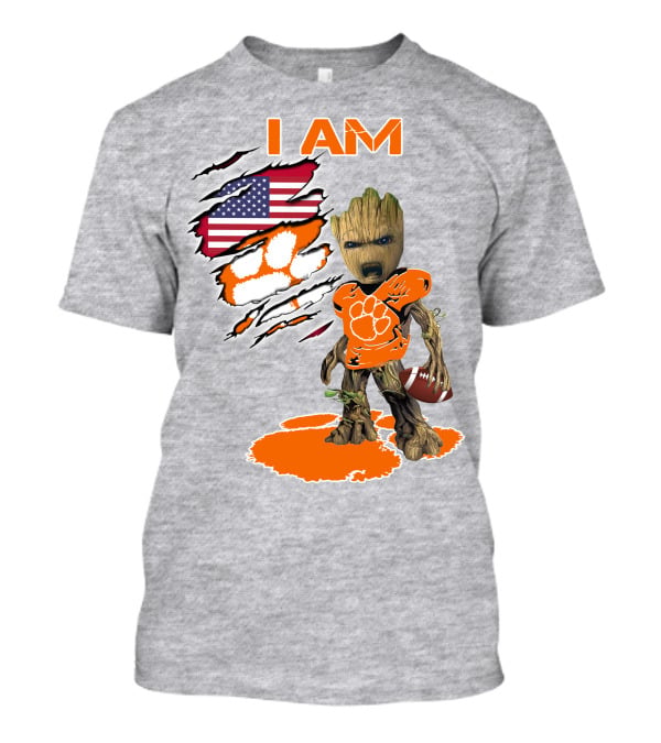 I AM Groot Clemson Football American Flag Background T-Shirt