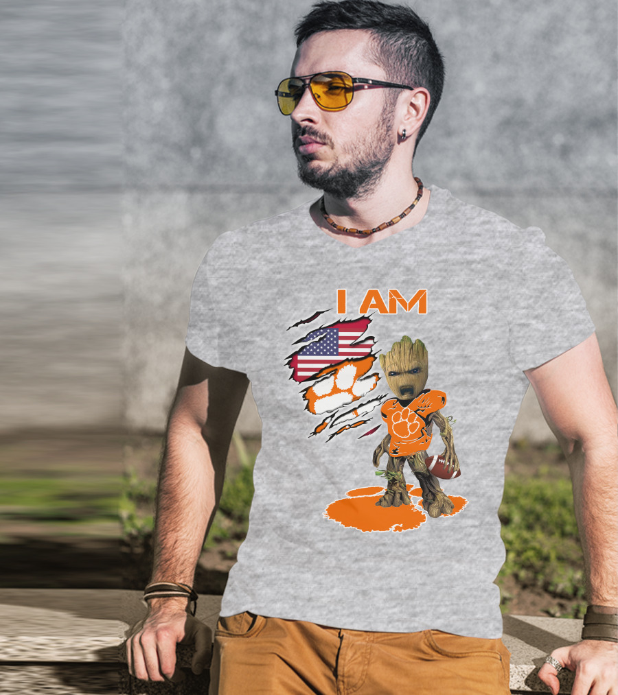 I AM Groot Clemson Football American Flag Background T-Shirt