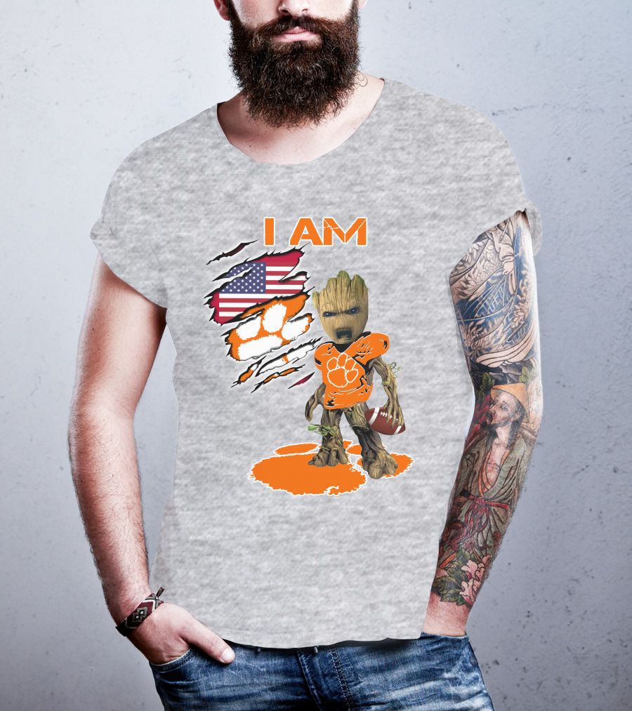 I AM Groot Clemson Football American Flag Background T-Shirt