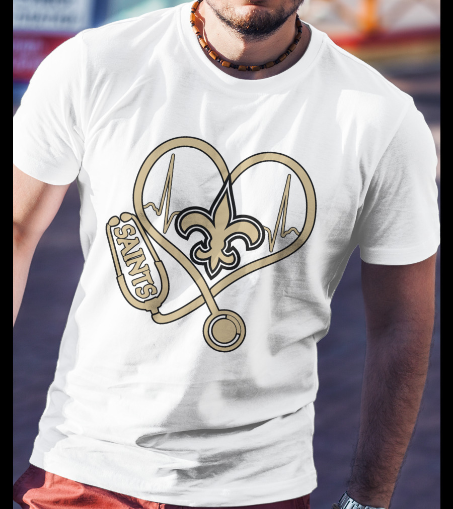 Nurse Love Saints Heartbeat Fleur-de-Lis Football T-Shirt
