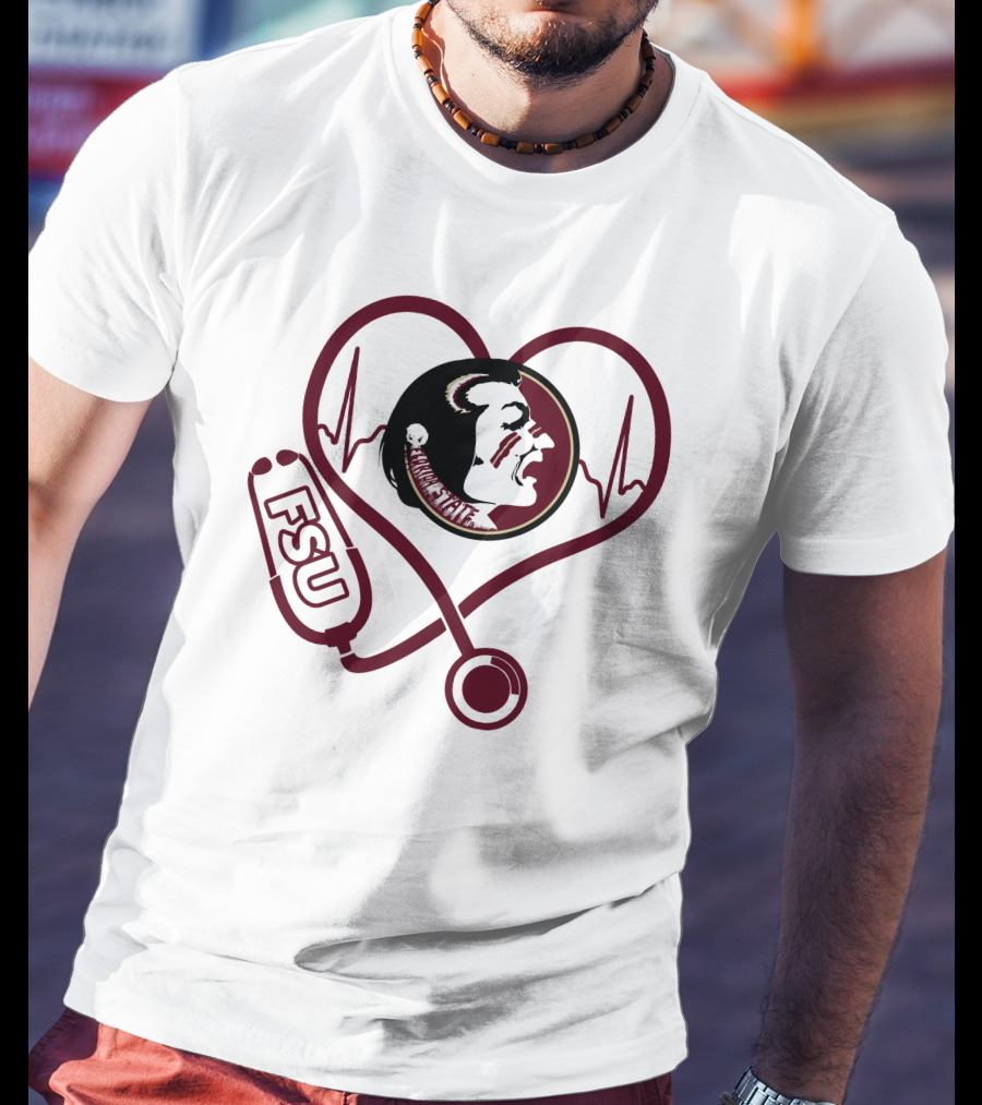 Nurse Love FSU Florida State Seminoles Heartbeat Logo Stethoscope T-Shirt