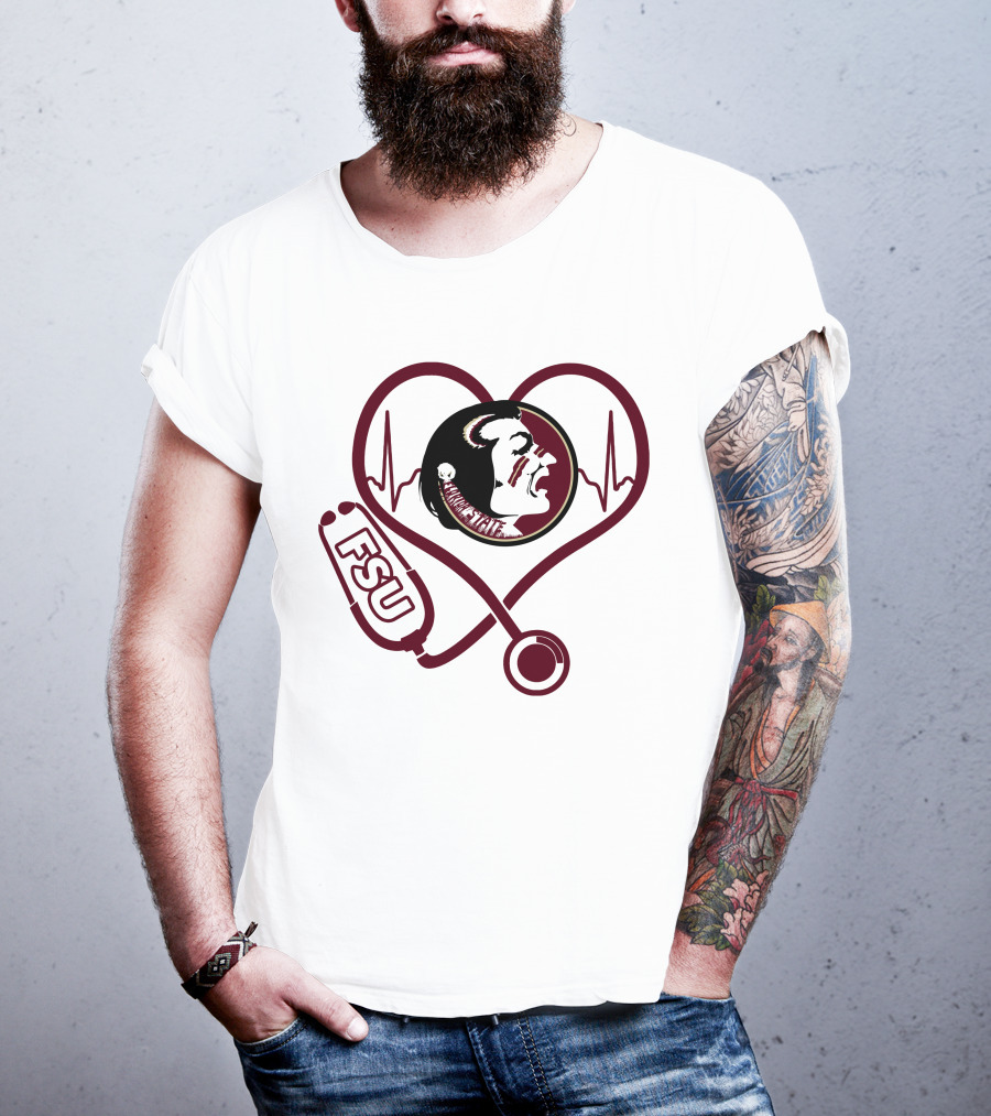 Nurse Love FSU Florida State Seminoles Heartbeat Logo Stethoscope T-Shirt