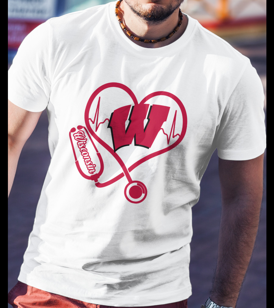 Nurse Love Wisconsin Badgers Heartbeat Stethoscope T-Shirt