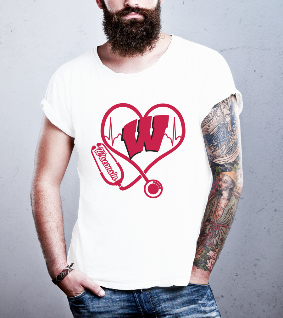 Nurse Love Wisconsin Badgers Heartbeat Stethoscope T-Shirt