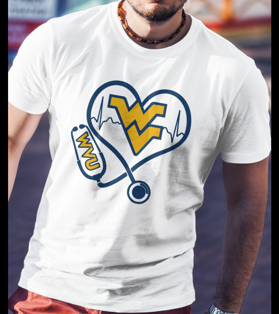West Virginia Mountaineers Nurse Love WVU Stethoscope Heartbeat T-Shirt