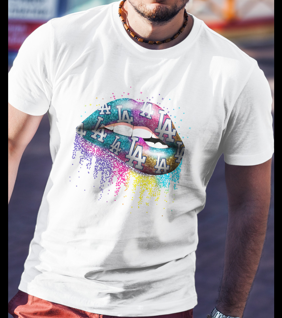Lips With Los Angeles Dodgers Glitter Logo T-Shirt