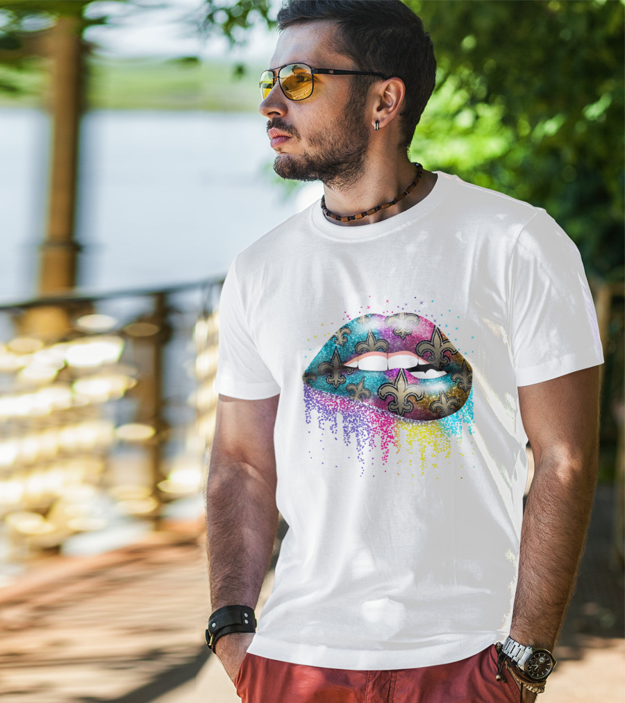 Colorful Glitter Lips Fleur-de-Lis New Orleans Saints T-Shirt