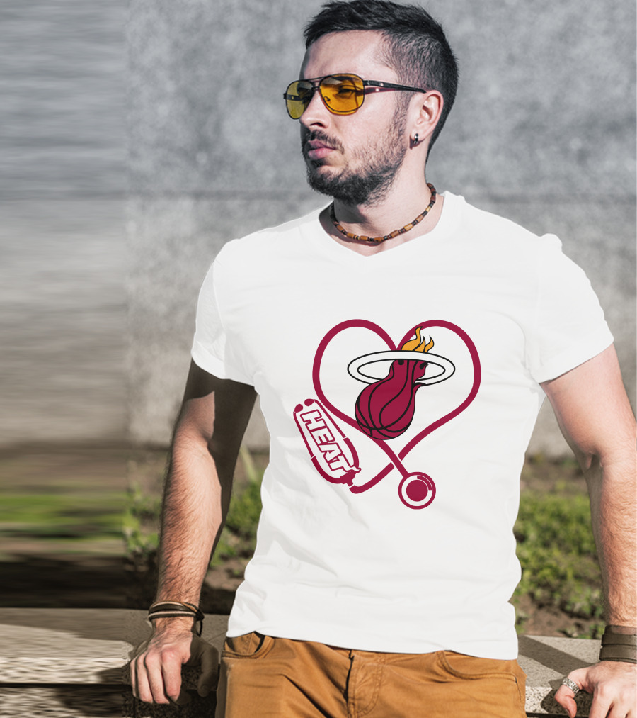 Nurse Love Miami Heat Heart Stethoscope Basketball Flame T-Shirt