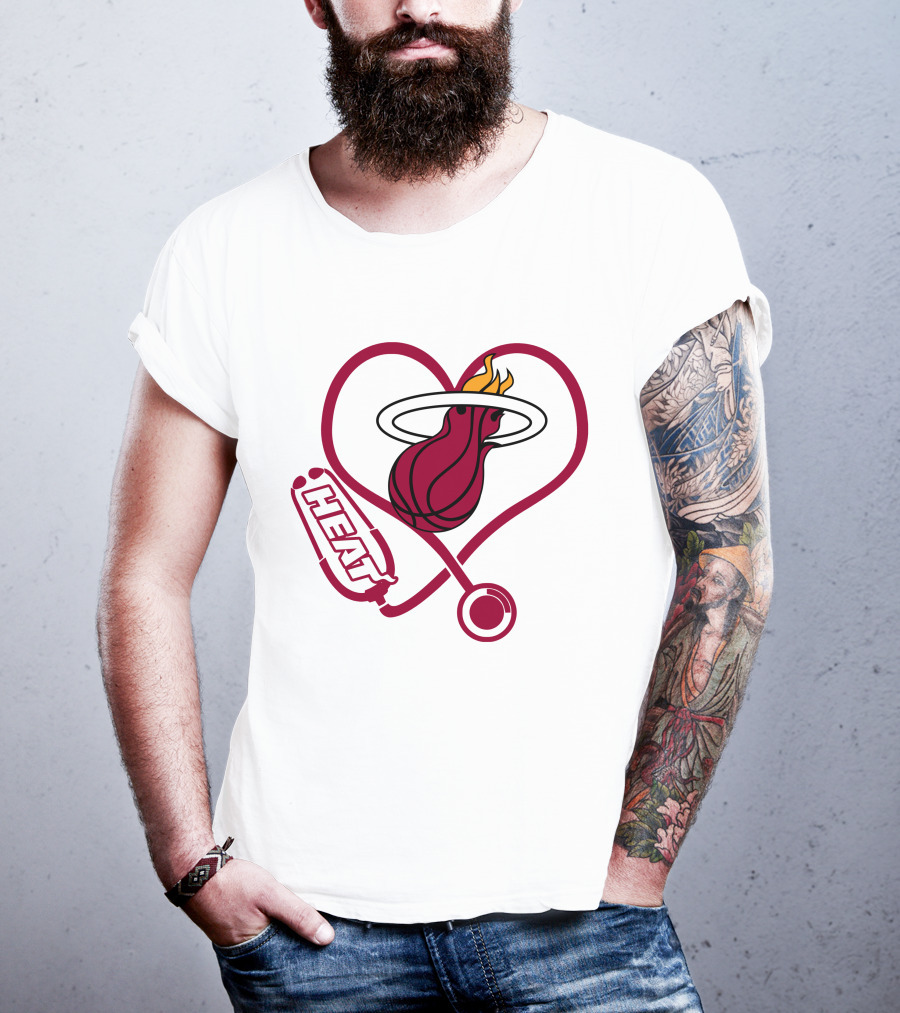 Nurse Love Miami Heat Heart Stethoscope Basketball Flame T-Shirt