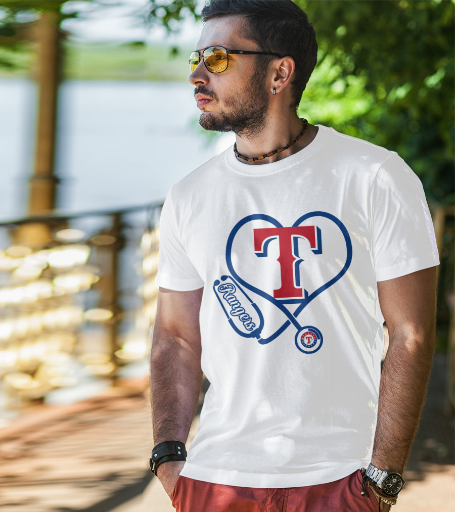 Nurse Love Texas Rangers Stethoscope Heart T-Shirt