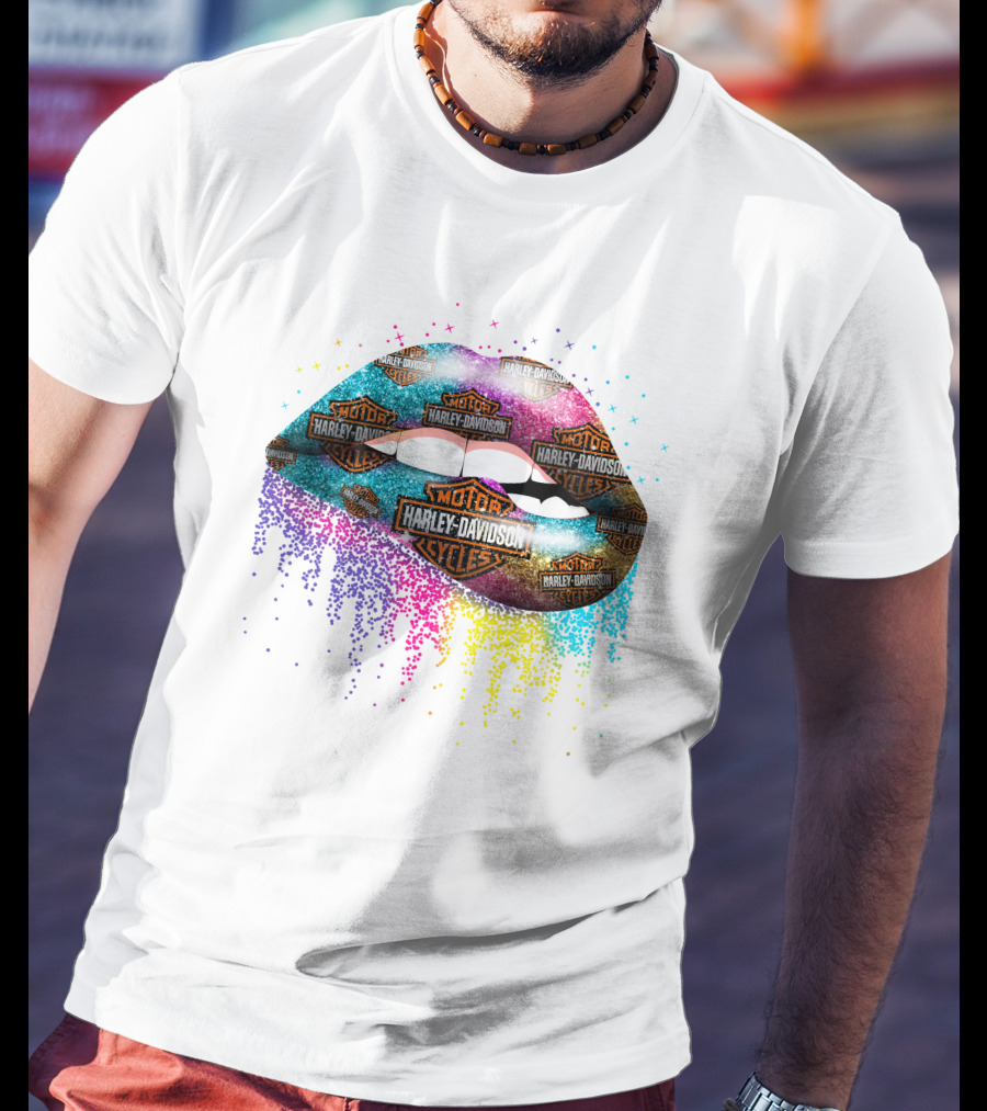 Harley Davidson Colorful Lips Motor Cycles T-Shirt