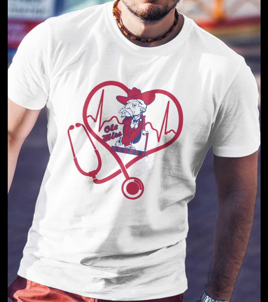 Nurse Love Ole Miss Rebels Heartbeat Stethoscope Mascot T-Shirt